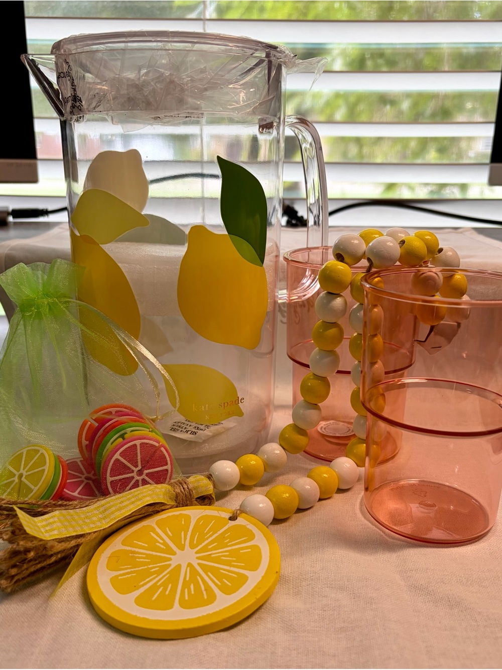 Kate Spade Lemon Pitcher and Pink Tumblers Party Set Plus Extras